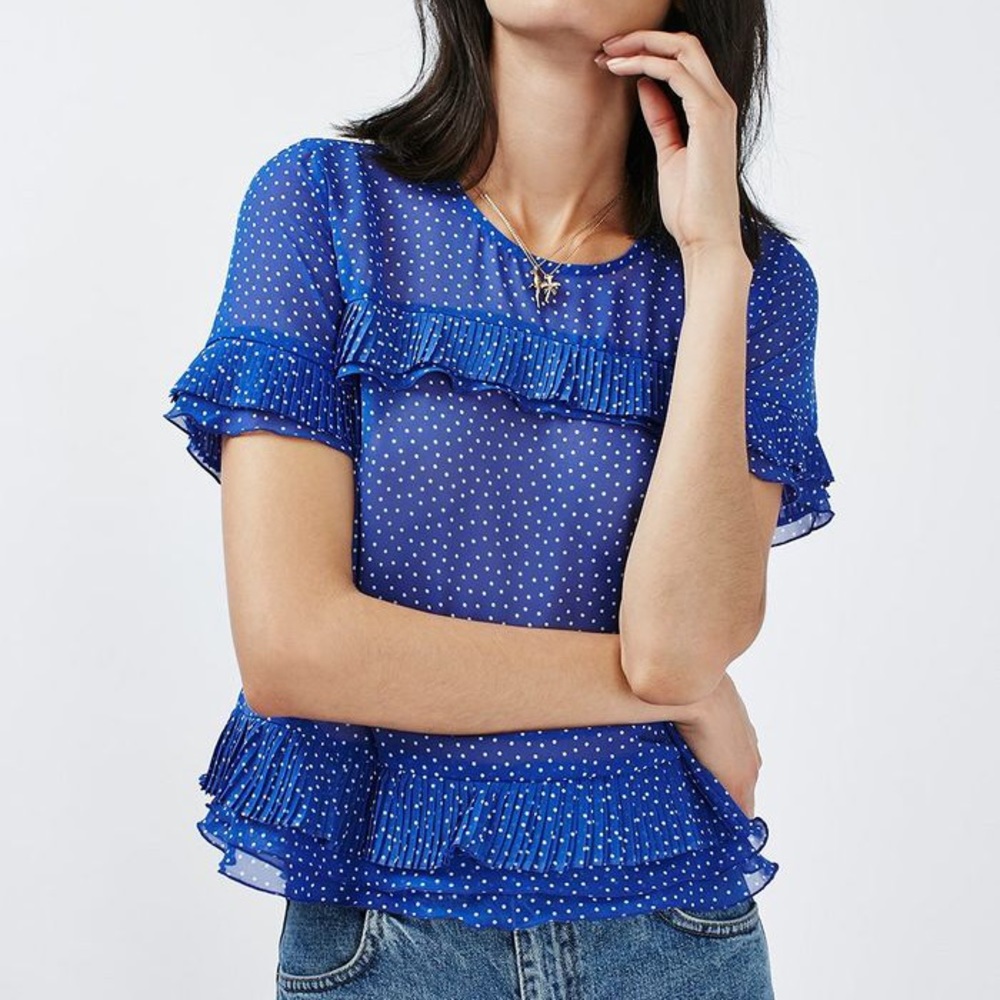 TopShop Pinspot Dot Pleat Ruffle Blue Top 4 NEW